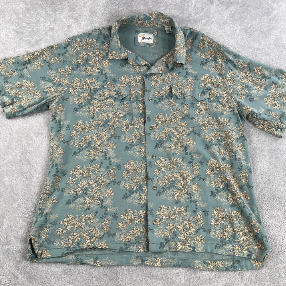 Wrangler Tropical Leaf Pearl Snap Shirt XL Teal Men Western Hawaiian Camp Summer